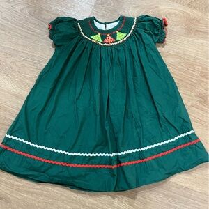 Cactus Green Dress with Red and White Ric rack and embroidered Christmas trees